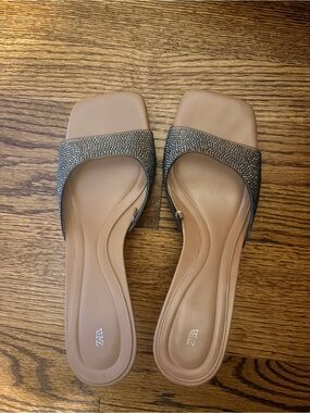 Zara Tan Slide Sandals with Sparkling Gunmetal Straps